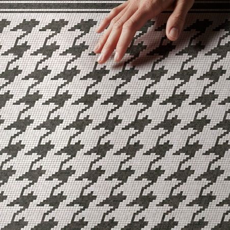 Black houndstooth mosaic vinyl rug - runner