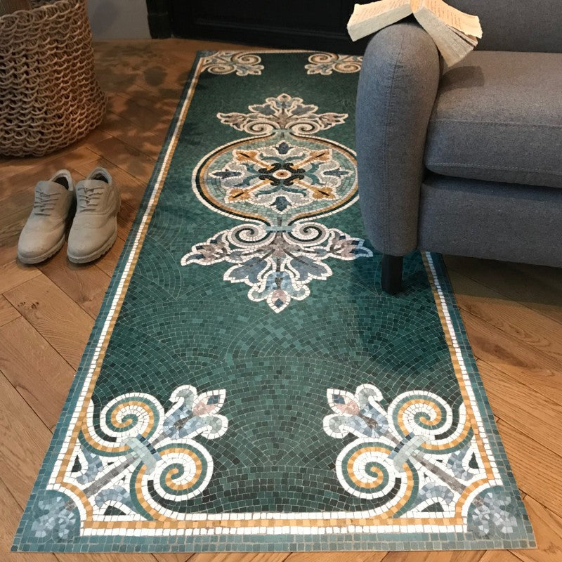 Alma Blue vinyl mosaic rug - runner size