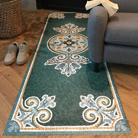 Alma Blue vinyl mosaic rug - runner size